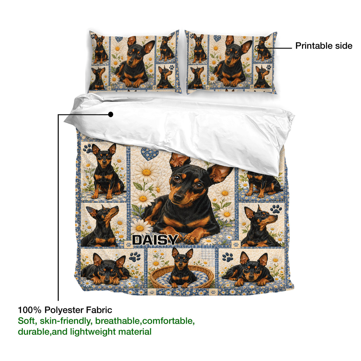 Miniature Pinscher duvet cover and pillowcases shown with the printable side and soft fabric callout