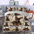 Miniature Pinscher duvet cover bedding set styled in a bright bedroom with floral dog artwork