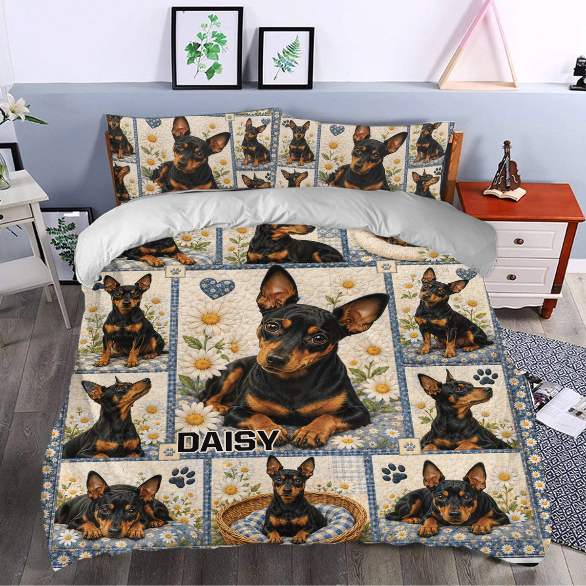 Miniature Pinscher duvet cover bedding set styled in a bright bedroom with floral dog artwork