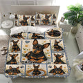 Miniature Pinscher bedding set displayed on a modern bed with daisy artwork and matching pillowcases