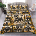 Miniature Schnauzer duvet cover set with sunflower panels, paw prints, hearts, and matching pillowcases