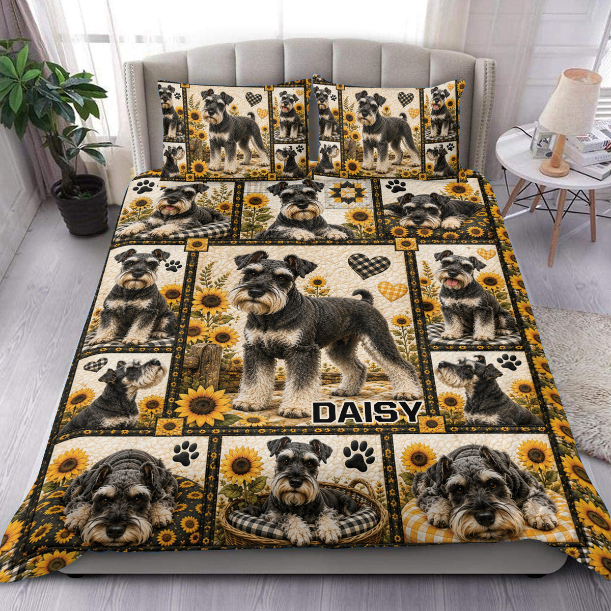Miniature Schnauzer duvet cover set with sunflower panels, paw prints, hearts, and matching pillowcases