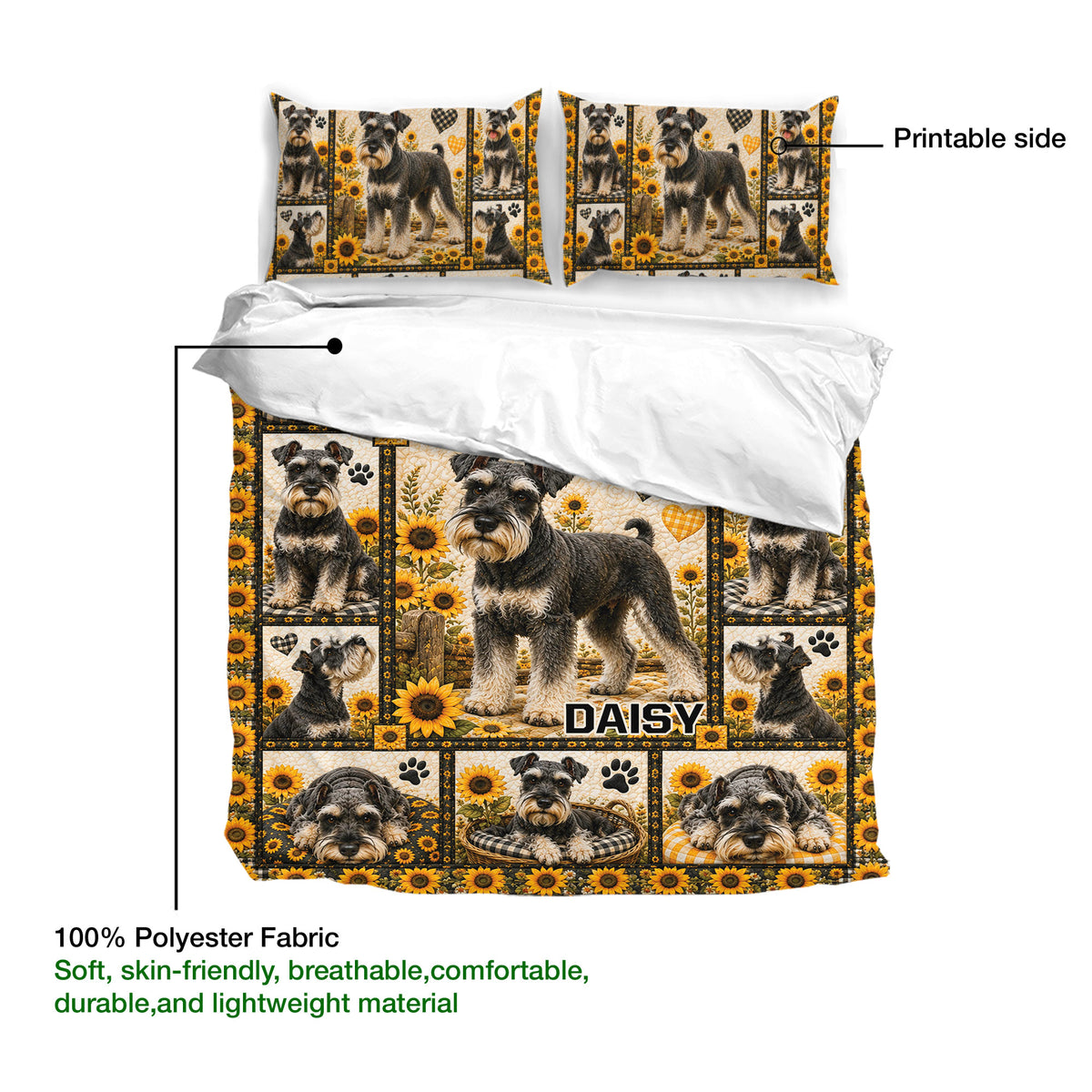 Miniature Schnauzer duvet cover showing the printed side, sunflower collage artwork, and matching pillowcases