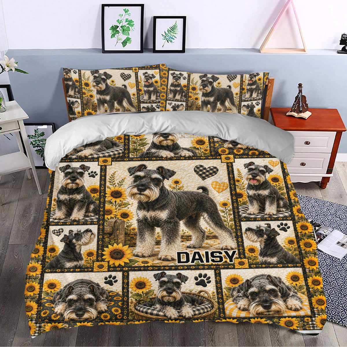 Miniature Schnauzer duvet cover bedding set styled in a bedroom with sunflower and paw print artwork