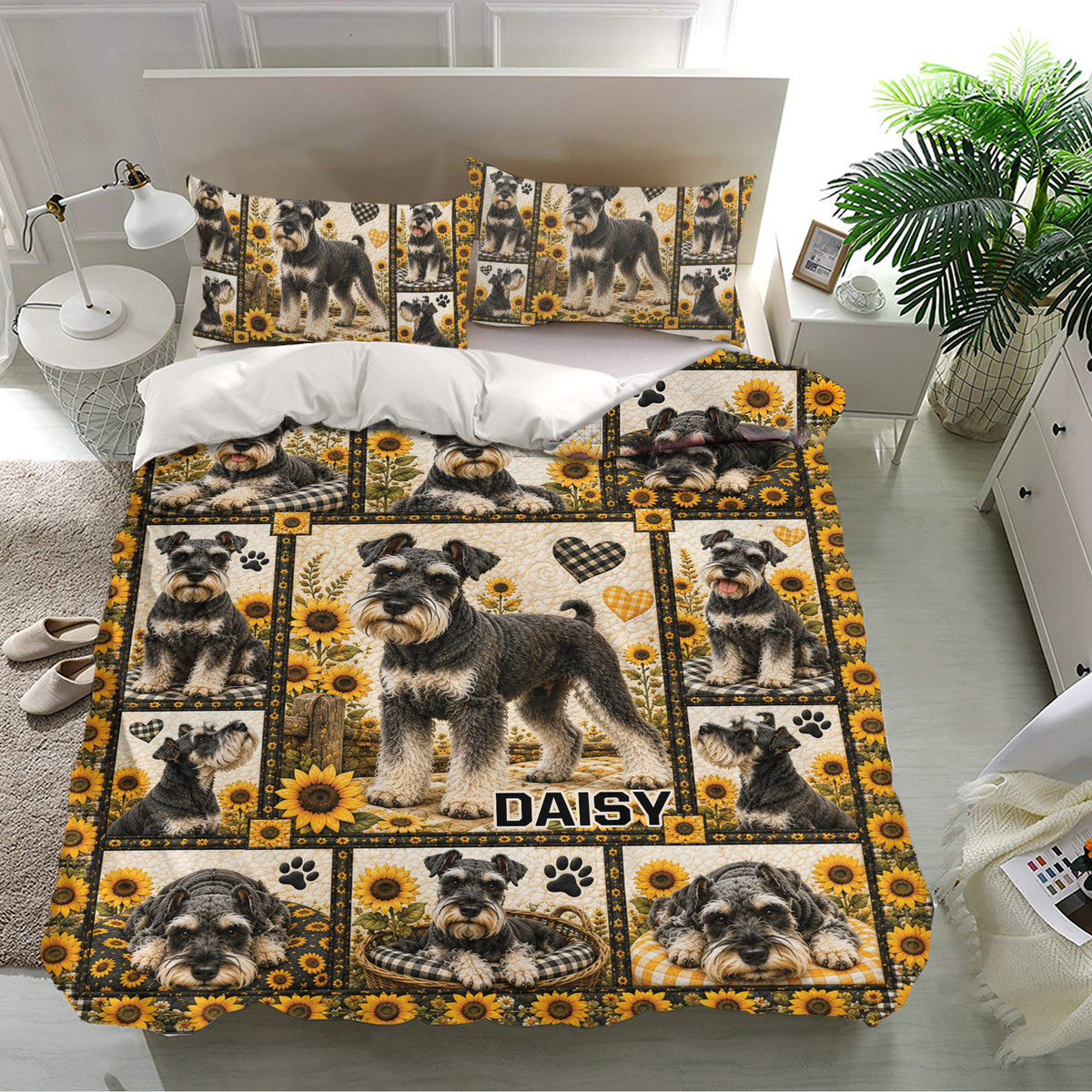Miniature Schnauzer bedding set displayed on a modern bed with sunflower panels and coordinated pillowcases