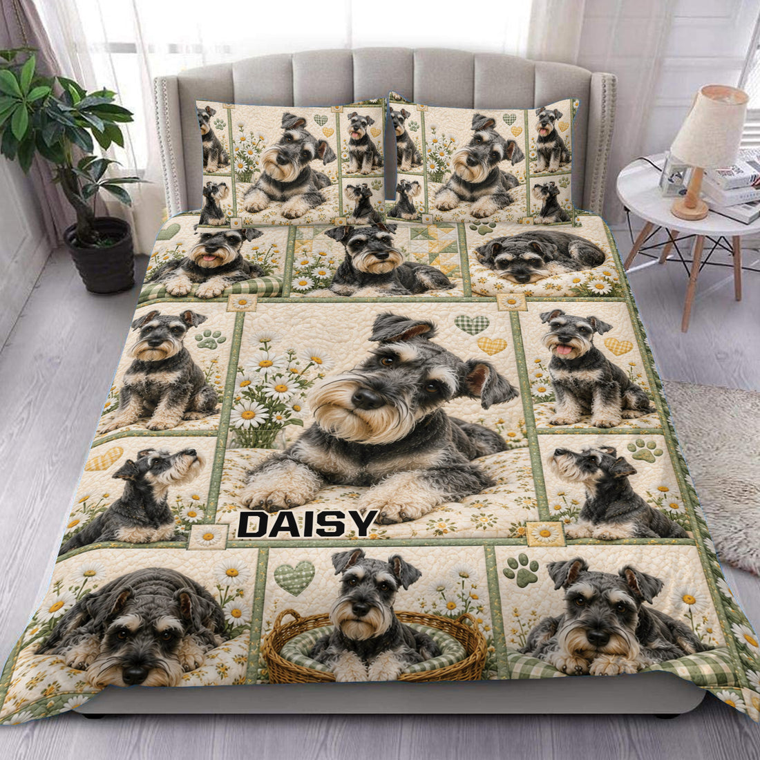 Miniature Schnauzer duvet cover set displayed on a bed with daisies, paw prints, hearts, and green accents