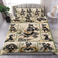 Miniature Schnauzer duvet cover set displayed on a bed with daisies, paw prints, hearts, and green accents