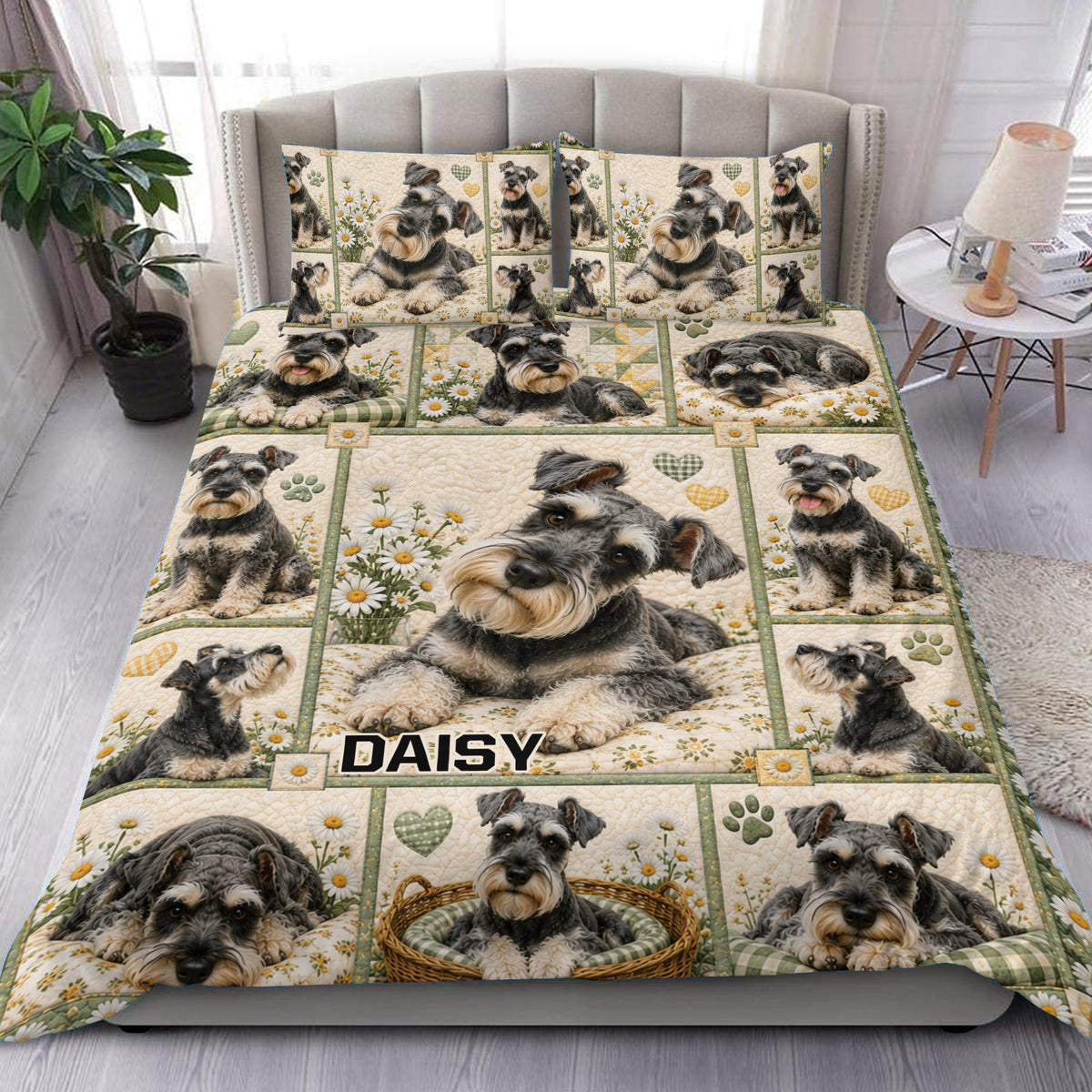 Miniature Schnauzer duvet cover set displayed on a bed with daisies, paw prints, hearts, and green accents