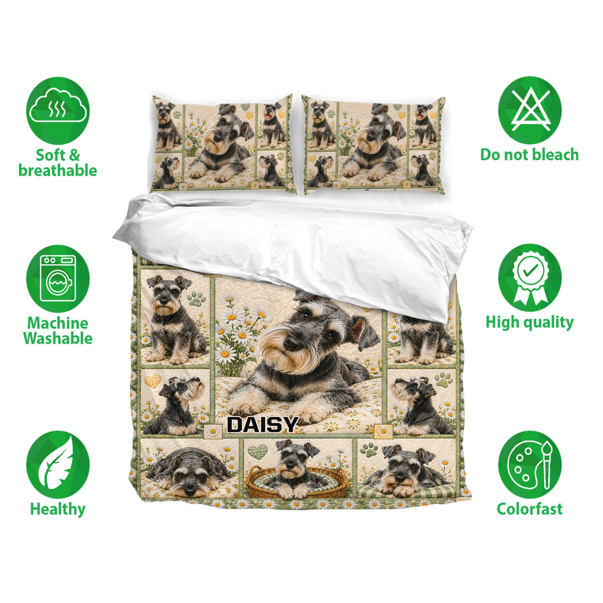 Miniature Schnauzer bedding set shown with matching pillowcases and a floral dog portrait design
