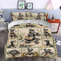 Miniature Schnauzer duvet cover bedding set styled in a bright bedroom with floral dog artwork
