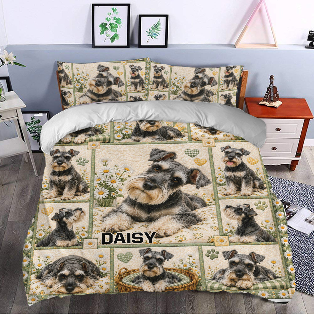 Miniature Schnauzer duvet cover bedding set styled in a bright bedroom with floral dog artwork