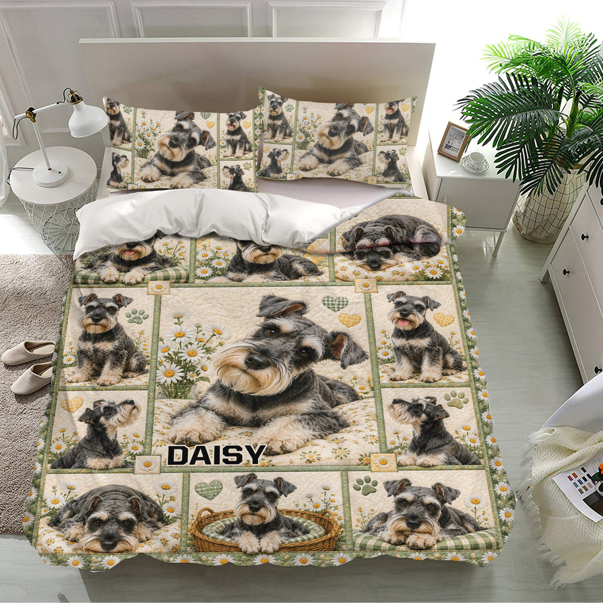Miniature Schnauzer bedding set in a modern bedroom featuring daisies, paw prints, and multiple dog portraits