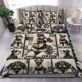 Miniature Schnauzer duvet cover set displayed on a bed with matching dog portrait pillowcases