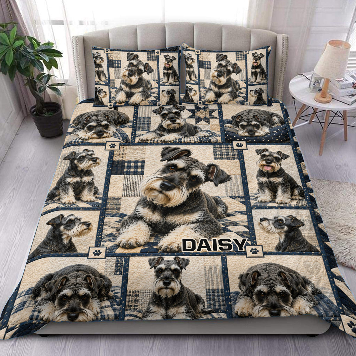 Miniature Schnauzer duvet cover set displayed on a bed with matching dog portrait pillowcases