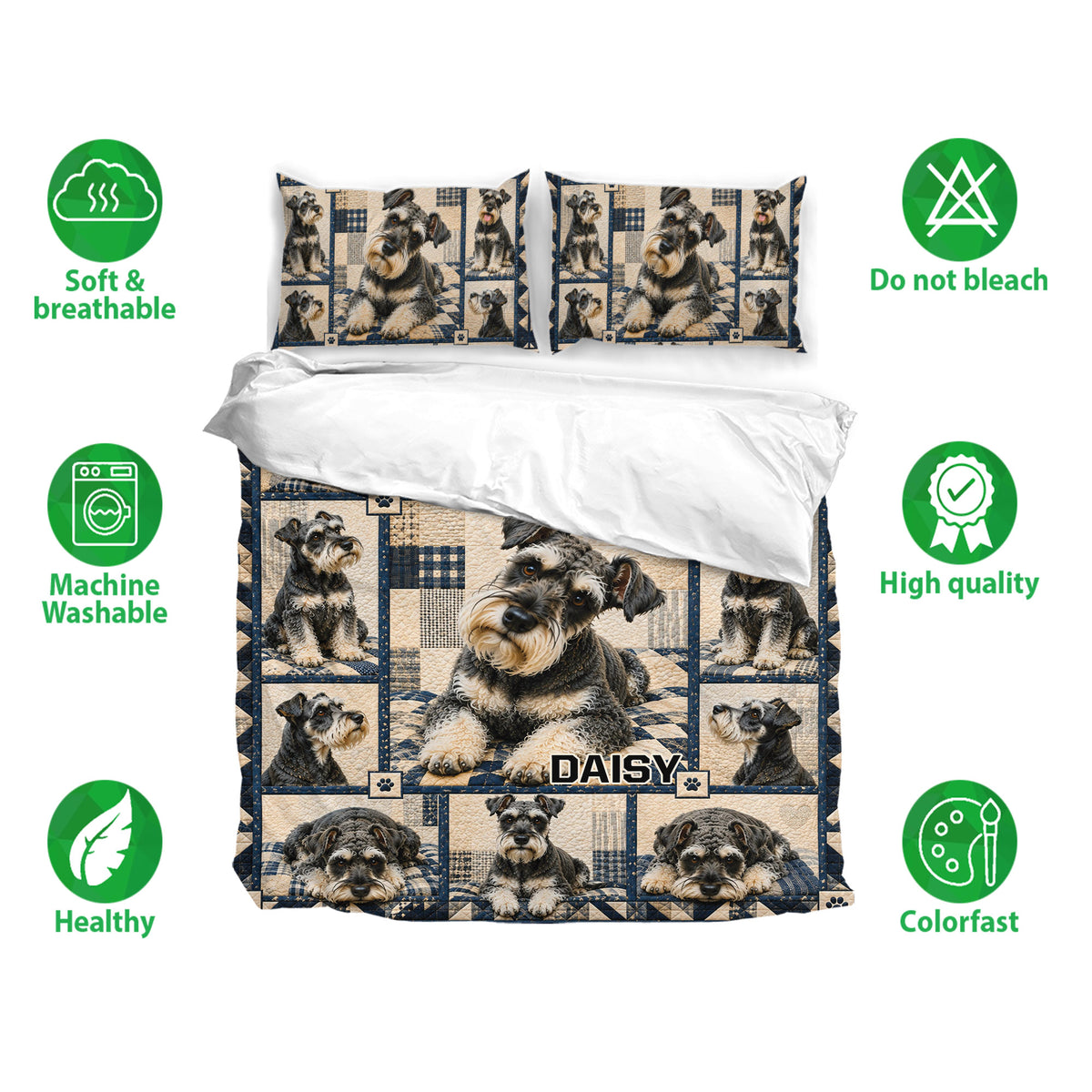 Miniature Schnauzer bedding set with repeated dog portraits, navy plaid accents, and matching pillows