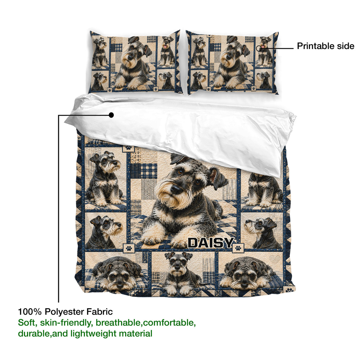 Miniature Schnauzer duvet cover and pillowcases shown with a close view of the printed side