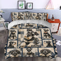 Miniature Schnauzer duvet cover set styled in a bedroom with navy and cream patchwork artwork