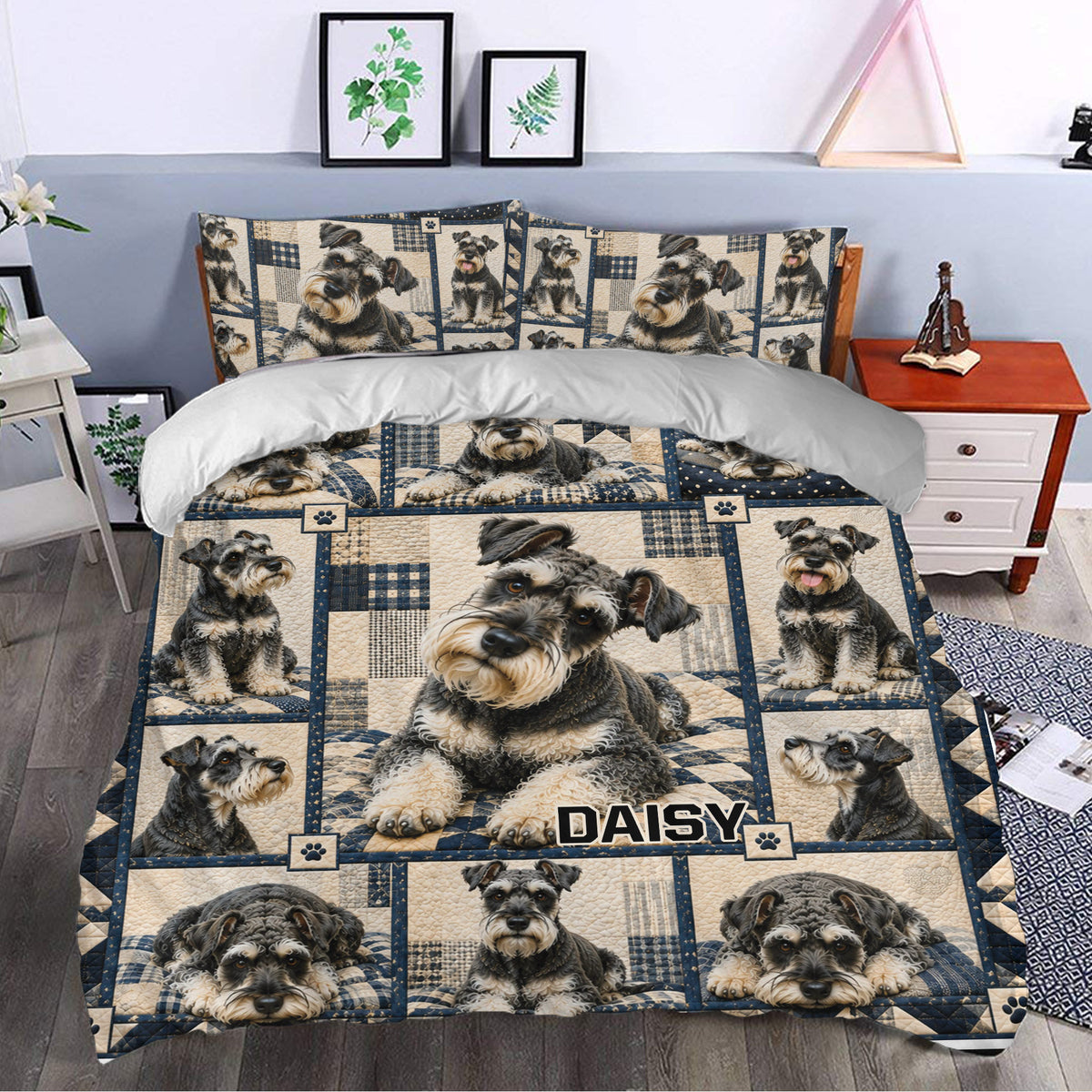 Miniature Schnauzer duvet cover set styled in a bedroom with navy and cream patchwork artwork