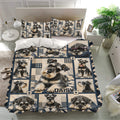 Miniature Schnauzer bedding set displayed in a bright bedroom with matching portrait pillowcases