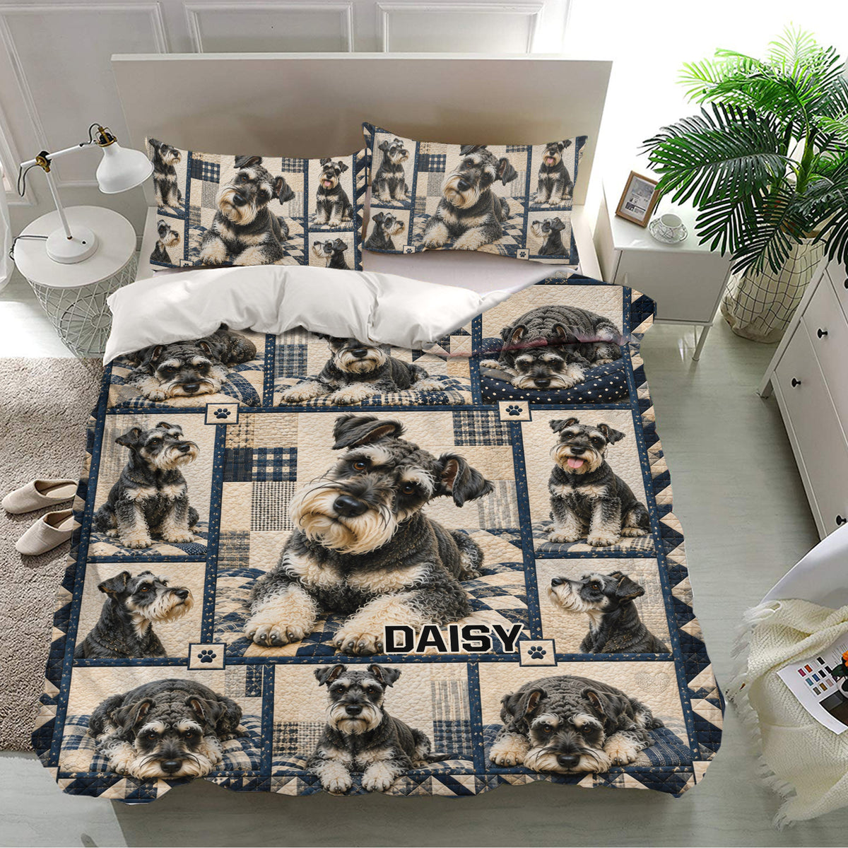 Miniature Schnauzer bedding set displayed in a bright bedroom with matching portrait pillowcases