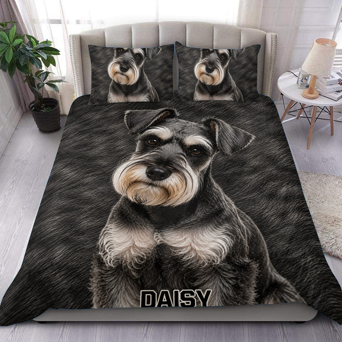 Miniature Schnauzer duvet cover set displayed on a modern bed with matching dog portrait pillowcases