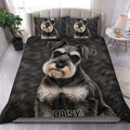 Miniature Schnauzer duvet cover set displayed on a modern bed with matching dog portrait pillowcases