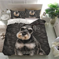 Black and gray Miniature Schnauzer duvet cover bedding set presented in a bright modern bedroom