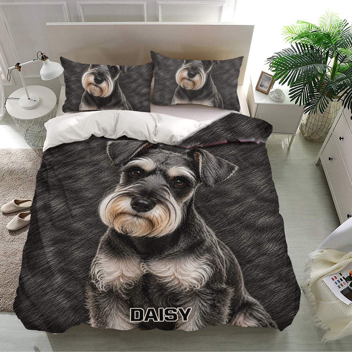 Black and gray Miniature Schnauzer duvet cover bedding set presented in a bright modern bedroom