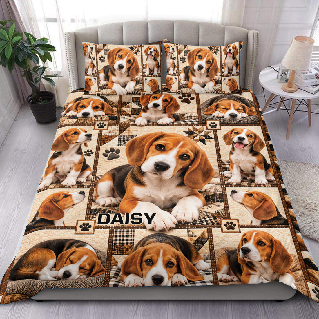 Beagle duvet cover set displayed on a bed with repeated puppy portraits, paw prints, and rustic patchwork details