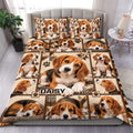 Beagle duvet cover set displayed on a bed with repeated puppy portraits, paw prints, and rustic patchwork details
