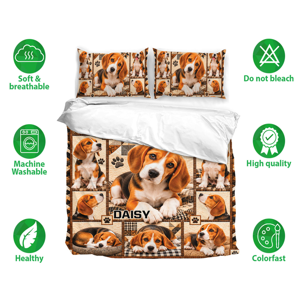 Beagle bedding set with matching pillowcases and puppy patchwork artwork shown in a product presentation