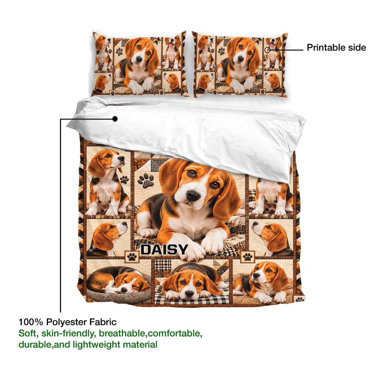 Beagle duvet cover and pillowcases shown with a printable puppy patchwork design and soft fabric details