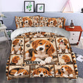 Beagle duvet cover bedding set styled in a bedroom with playful puppy portraits and warm brown patchwork accents