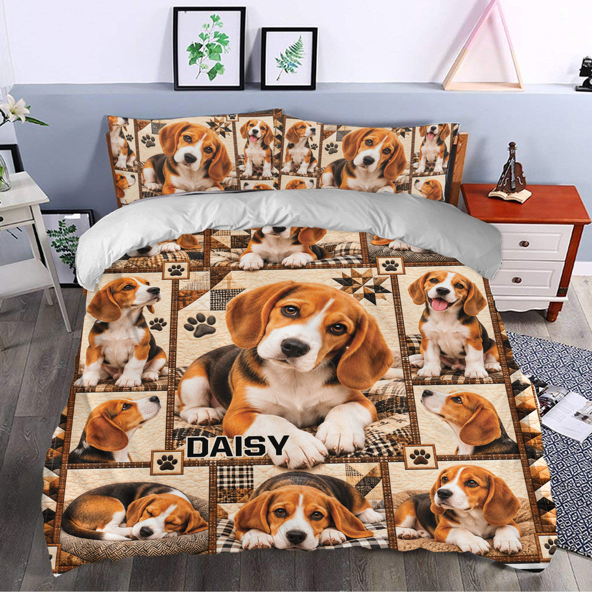 Beagle duvet cover bedding set styled in a bedroom with playful puppy portraits and warm brown patchwork accents
