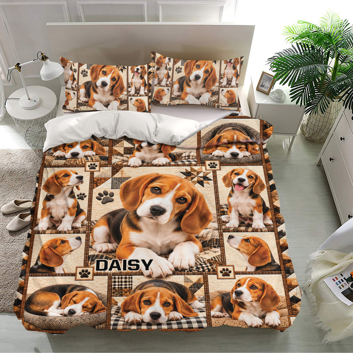 Beagle bedding set displayed in a bright bedroom with matching puppy pillowcases and rustic dog-themed artwork