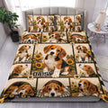 Beagle duvet cover set displayed on a bed with sunflower panels, paw prints, and rustic farmhouse styling