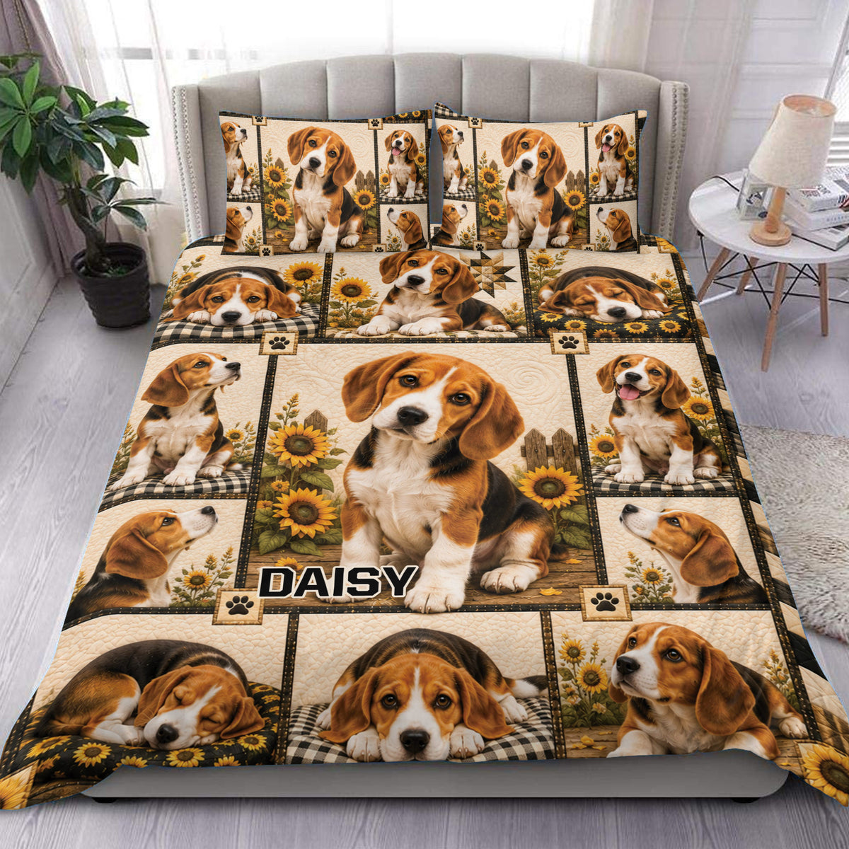 Beagle duvet cover set displayed on a bed with sunflower panels, paw prints, and rustic farmhouse styling
