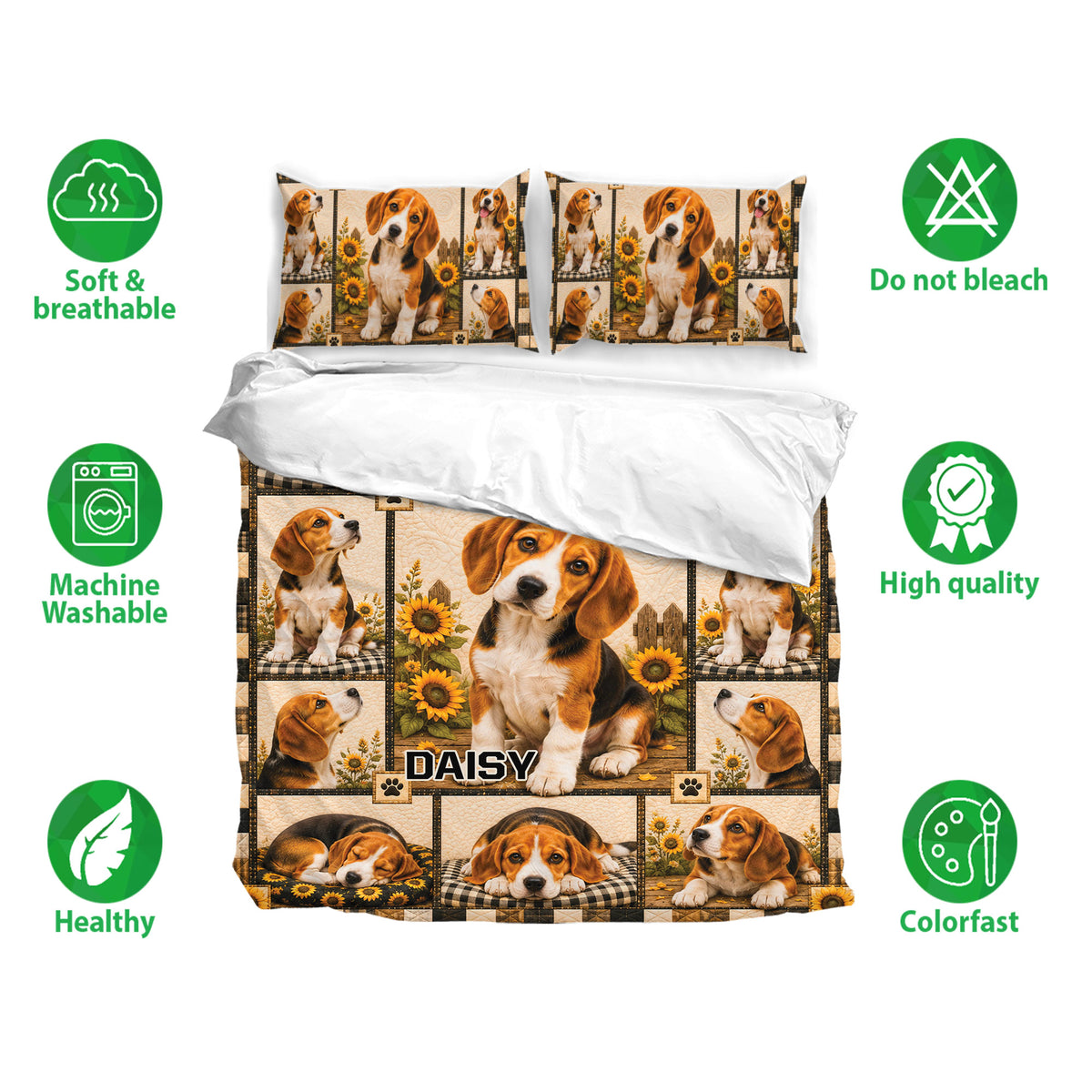 Beagle bedding set with matching pillowcases, sunflower artwork, and a soft breathable fabric presentation