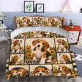 Beagle duvet cover styled in a bedroom with sunflower accents, paw prints, and warm rustic decor