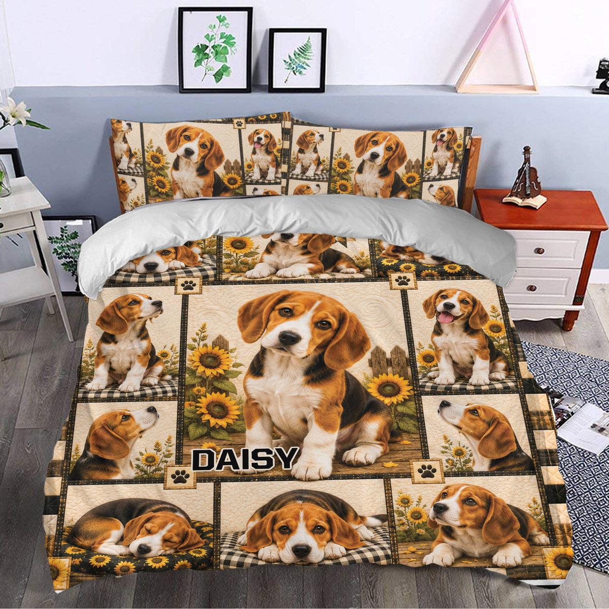 Beagle duvet cover styled in a bedroom with sunflower accents, paw prints, and warm rustic decor