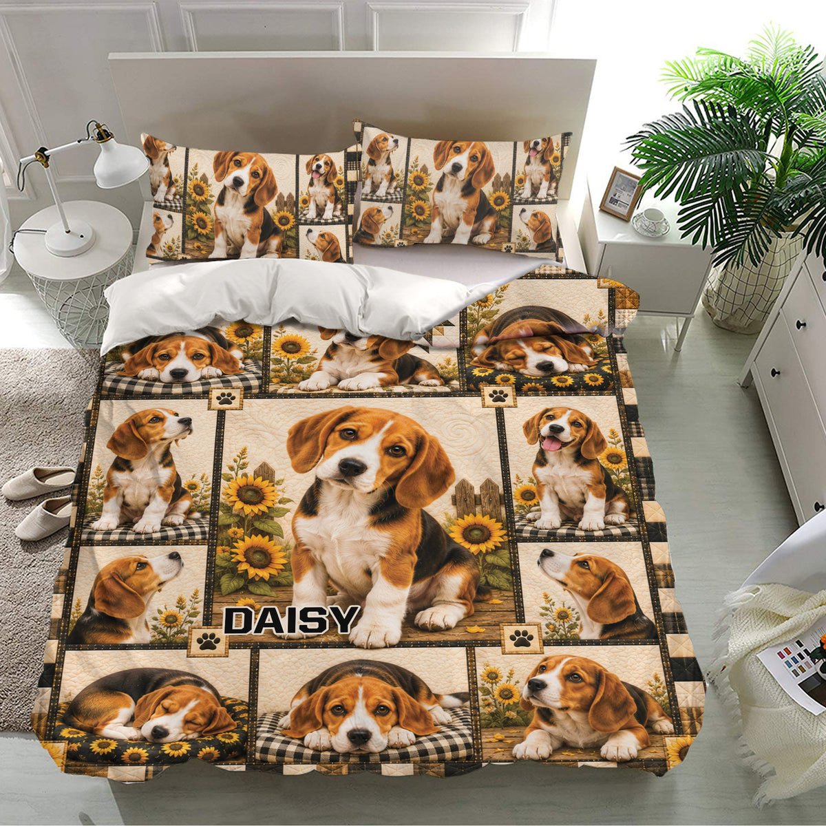 Beagle bedding set displayed in a bright bedroom with matching pillowcases and sunflower artwork
