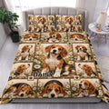 Beagle duvet cover bedding set displayed on a bed with daisy fields, paw prints, and brown patchwork borders