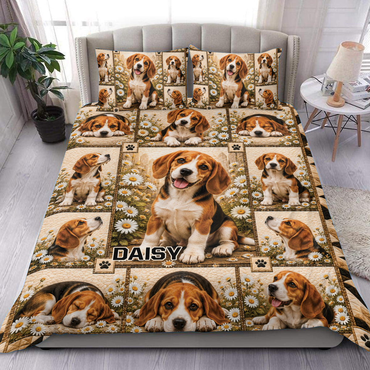 Beagle duvet cover bedding set displayed on a bed with daisy fields, paw prints, and brown patchwork borders