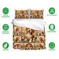 Beagle bedding set shown with matching pillowcases, daisy artwork, and soft breathable fabric features