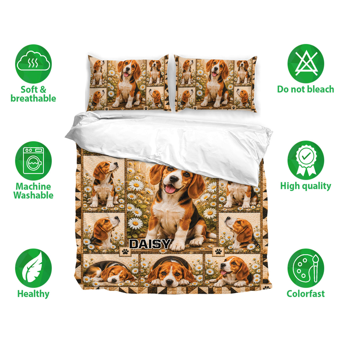 Beagle bedding set shown with matching pillowcases, daisy artwork, and soft breathable fabric features
