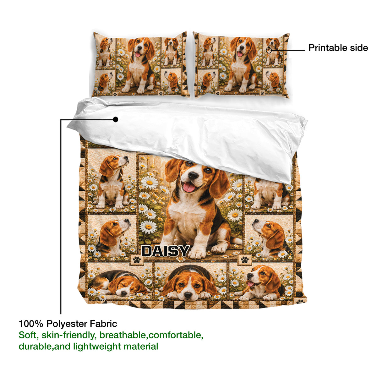 Beagle duvet cover and matching pillowcases shown with a printed side and soft lightweight fabric