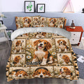 Beagle duvet cover bedding set styled in a bedroom with daisy artwork, paw prints, and warm earthy tones