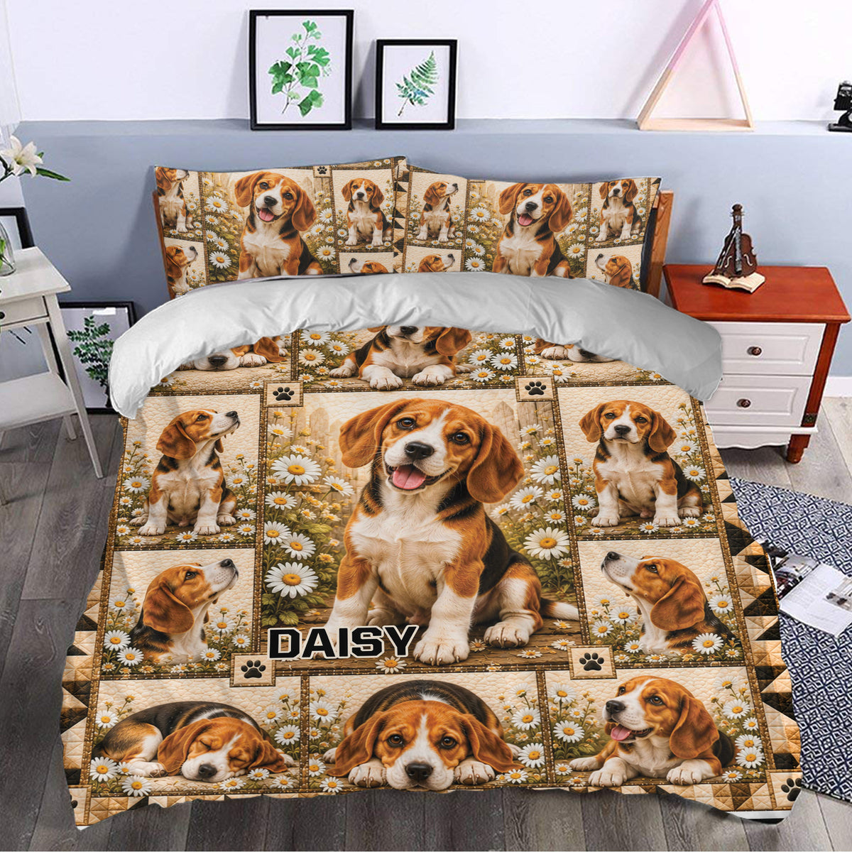 Beagle duvet cover bedding set styled in a bedroom with daisy artwork, paw prints, and warm earthy tones