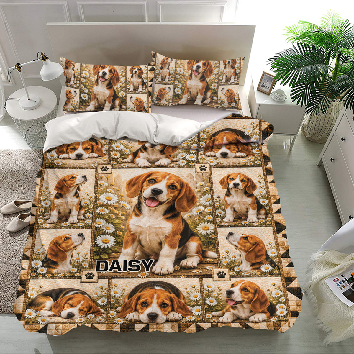 Beagle bedding set displayed in a bright bedroom with matching pillowcases and floral dog artwork