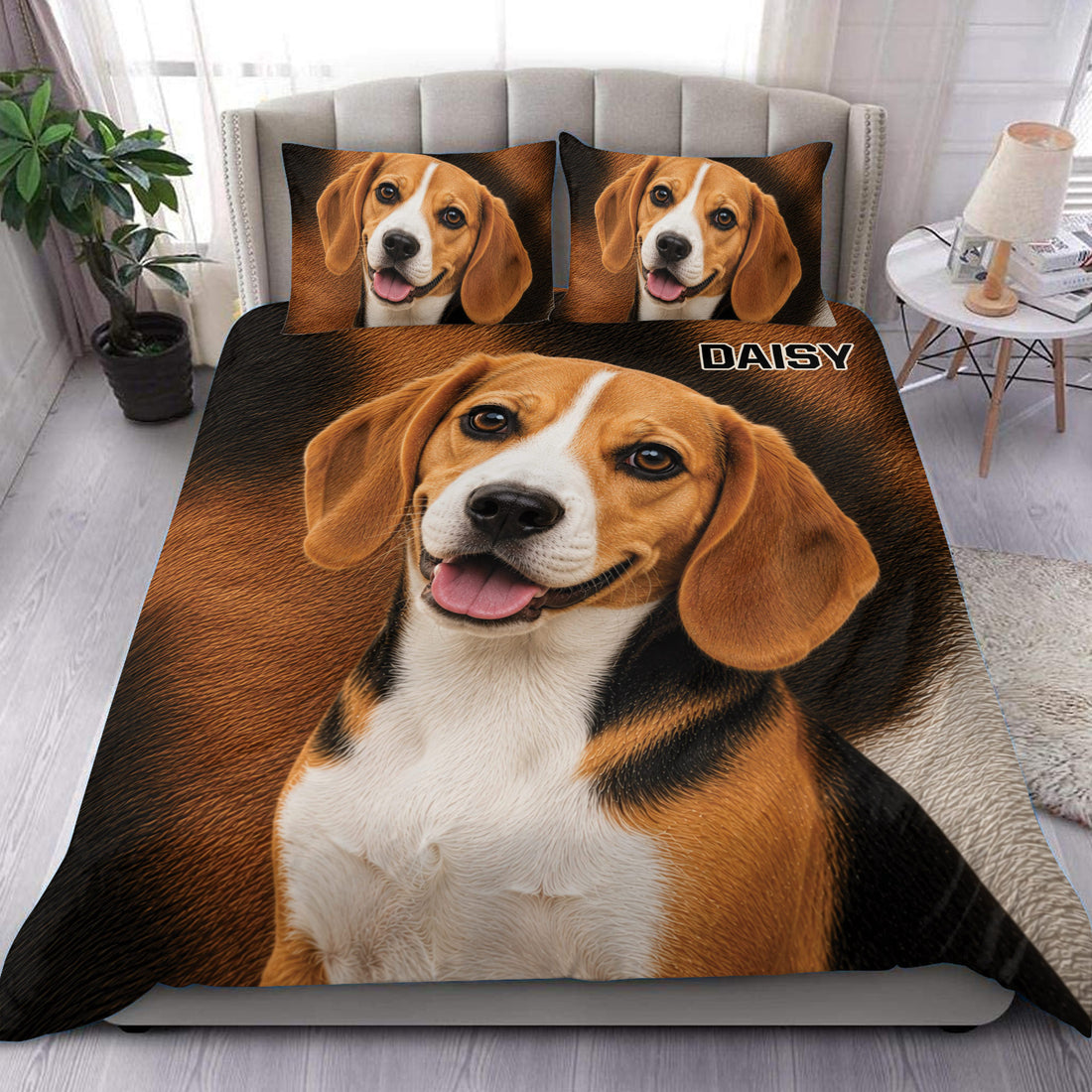 Beagle duvet cover set displayed on a bed with a realistic brown and white dog portrait